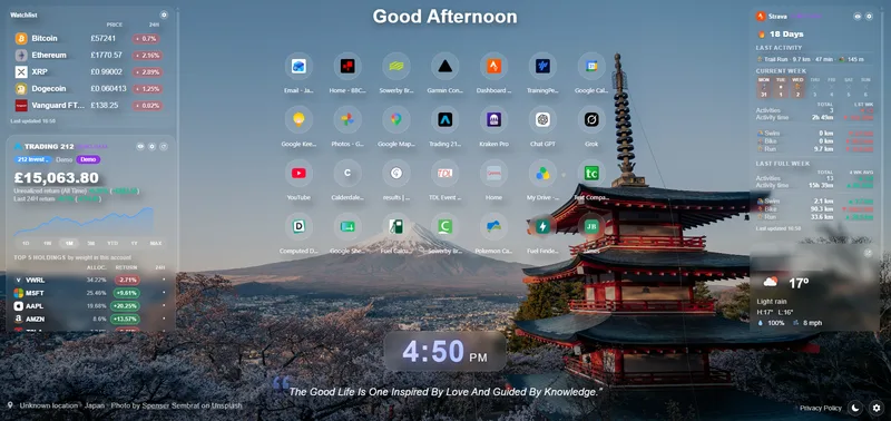 Personal Dashboard Pro new tab page with a crypto watchlist, a Trading 212 portfolio panel with a value chart and top holdings, a Strava training panel with weekly totals, shortcuts, weather and a clock. All figures are demo data.